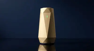 Haven Anchor edge-compute hub — tall faceted brushed-gold device