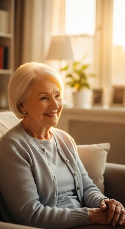 An older woman smiling peacefully in her sunlit living room