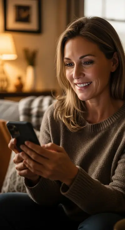 An adult daughter at home, looking at the Haven Beacon app on her phone