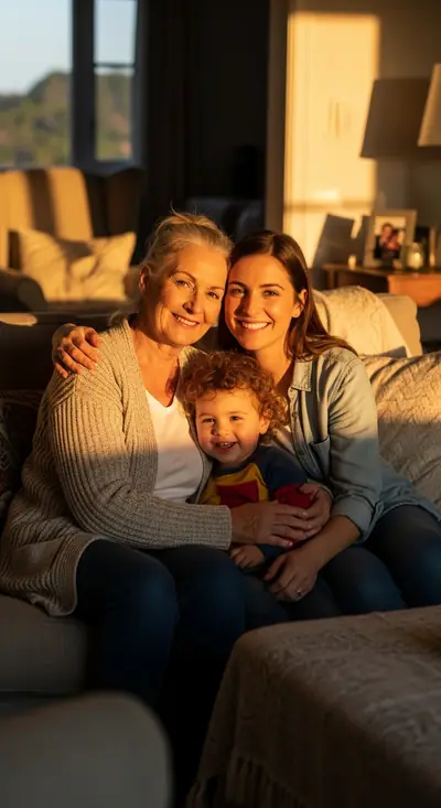 A grandmother, daughter, and grandson sitting on a couch together in warm evening light