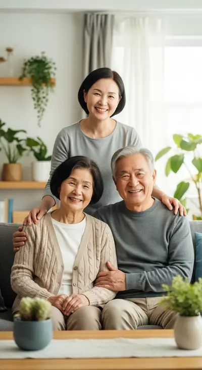 An East Asian family with an adult daughter standing behind her seated parents