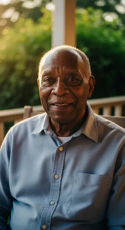An older Black man with a kind smile, seated on his front porch