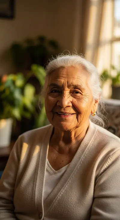 An older Latina woman with silver hair smiling, surrounded by houseplants