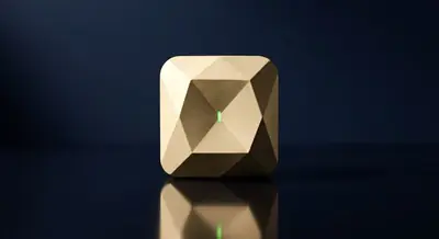 Haven Steadfast sensor — faceted brushed-gold plug-in device with green status light